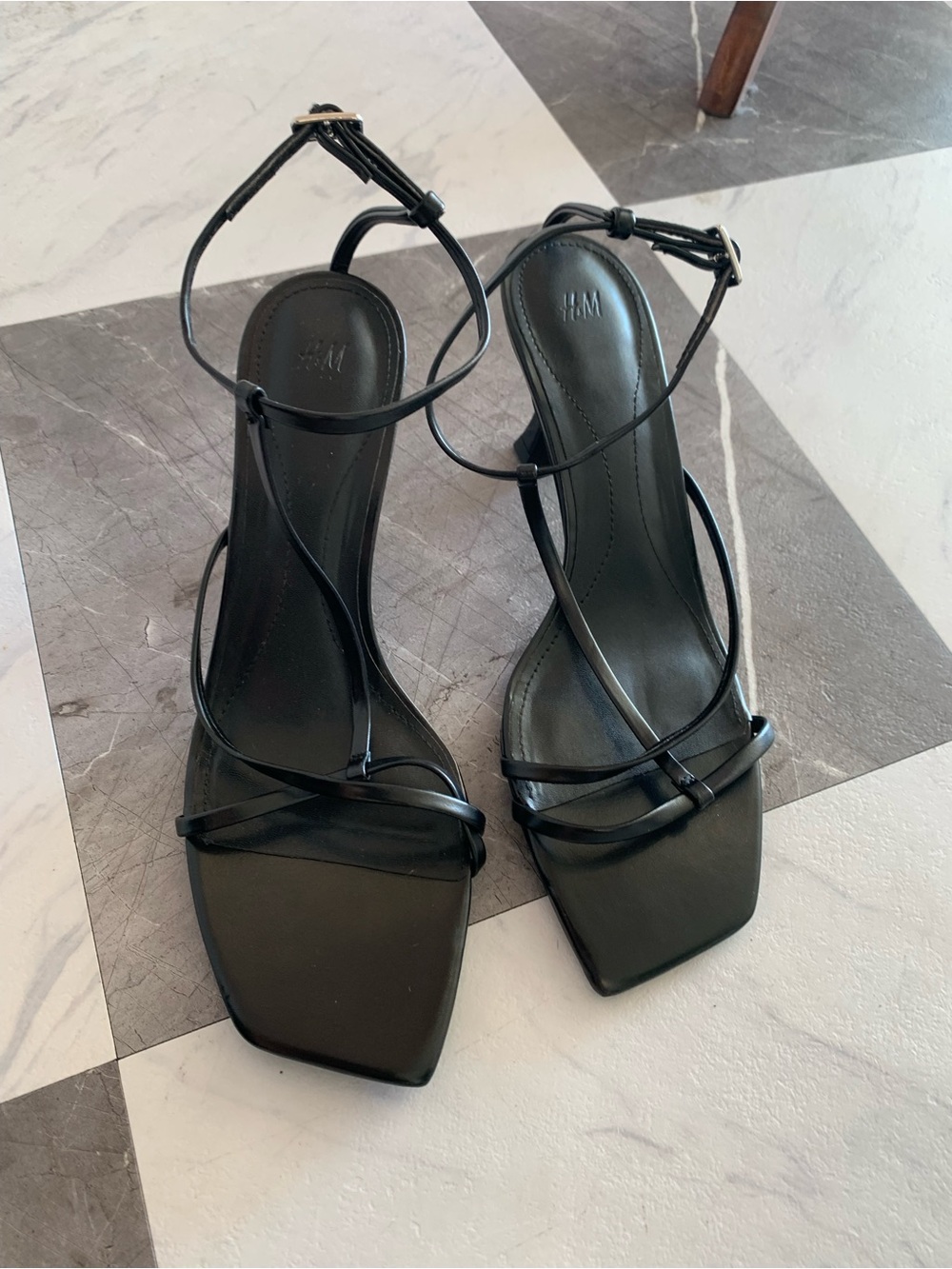 H&M Black Minimalist Square-Toe Strappy Heels